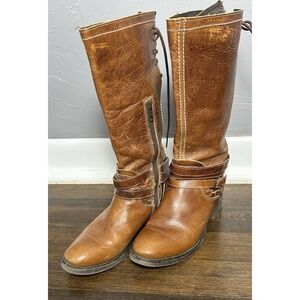 BED STU Womens Tall Brown Leather Boots Buckle Zip Size 10Distressed Lace Up 14"